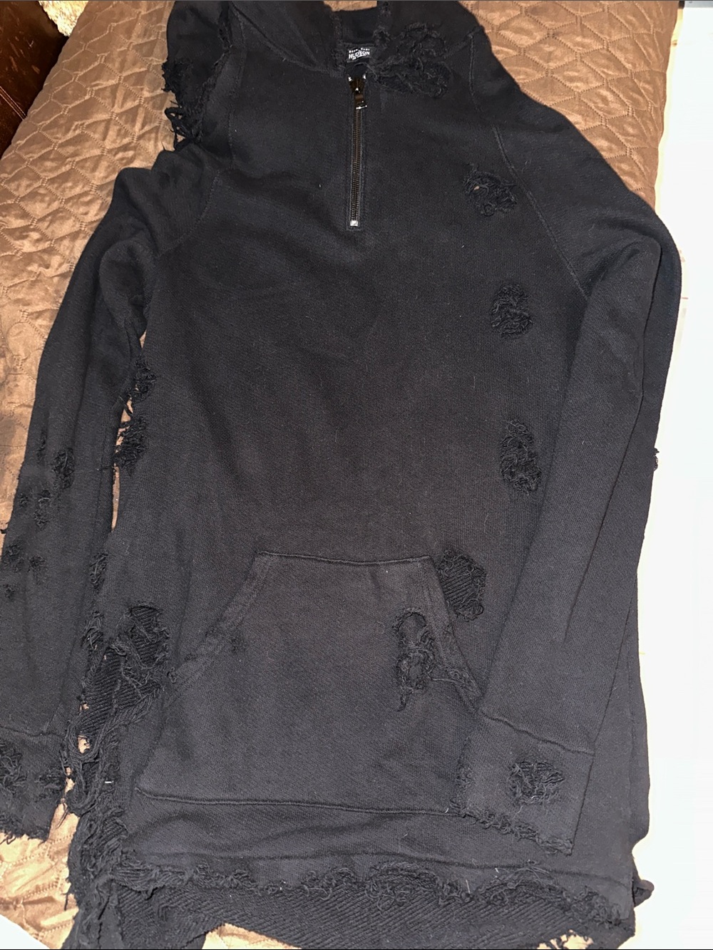 H By Hudson Black Distressed Half-Zip Hoodie